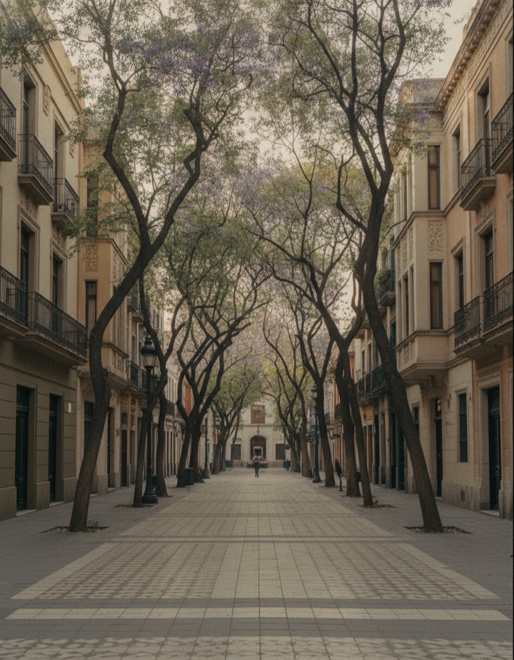 Calle arbolada con jacarandas en la colonia Roma, Ciudad de México